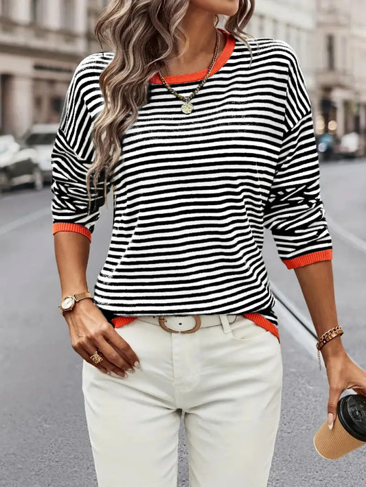 Women’s Black White Striped Knit Sweater with Orange Trim and Long Sleeves