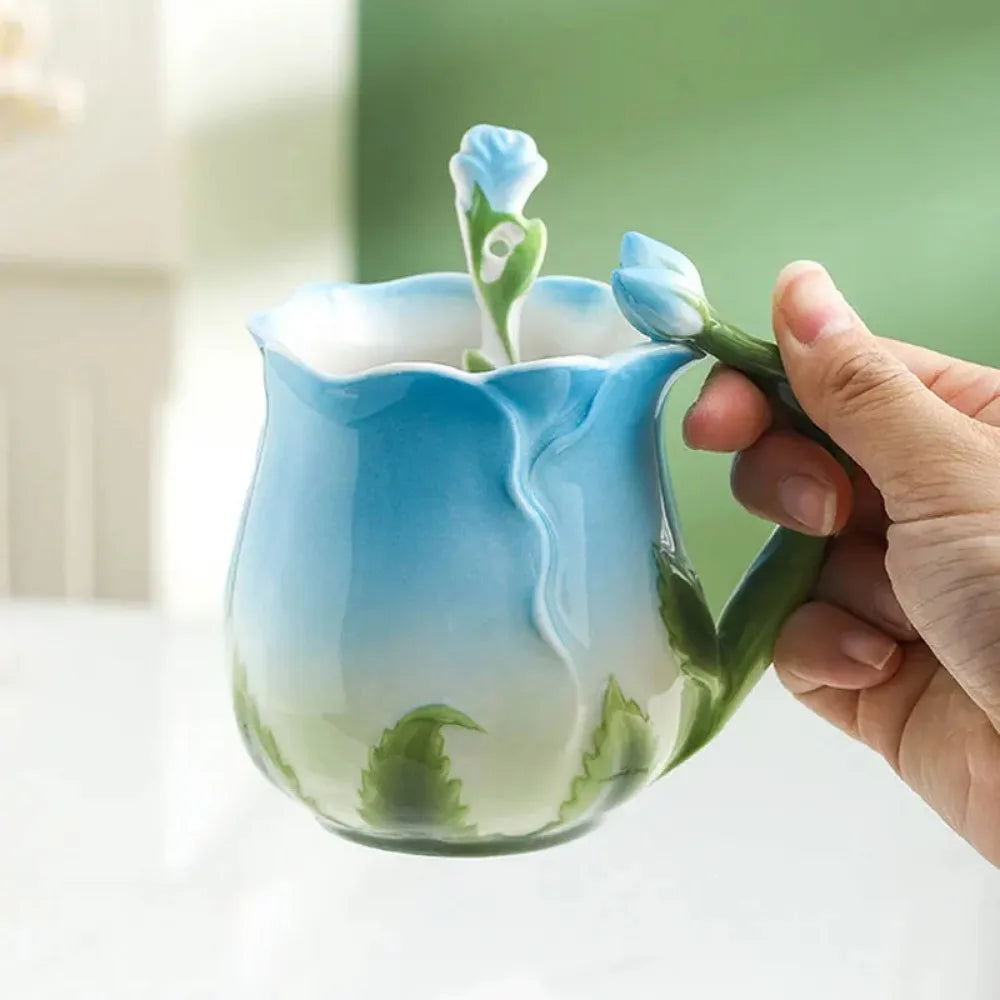 BowLift | 3D Rose Flower Coffee Mug Ceramic Coffee Mugs Cute Aesthetic Water Cups with Spoon Summer Winter Drinking Utensils Valentine's Day Gifts