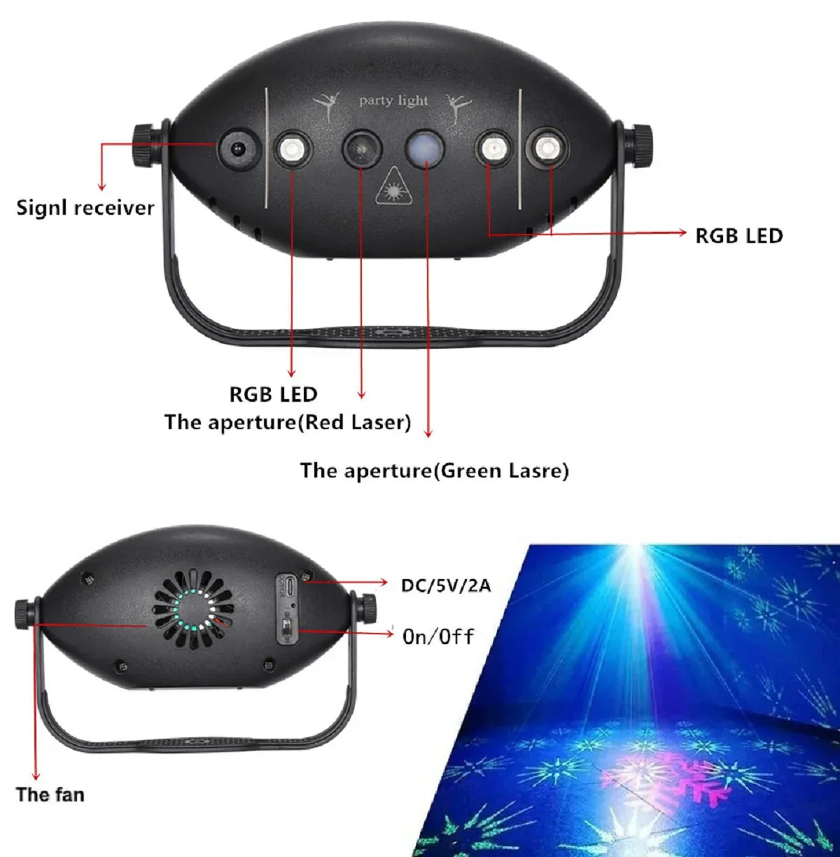 BowLift RGB Disco Lights – Stage DJ Laser Projector with Strobe for Club, Home & Holiday Party Decor