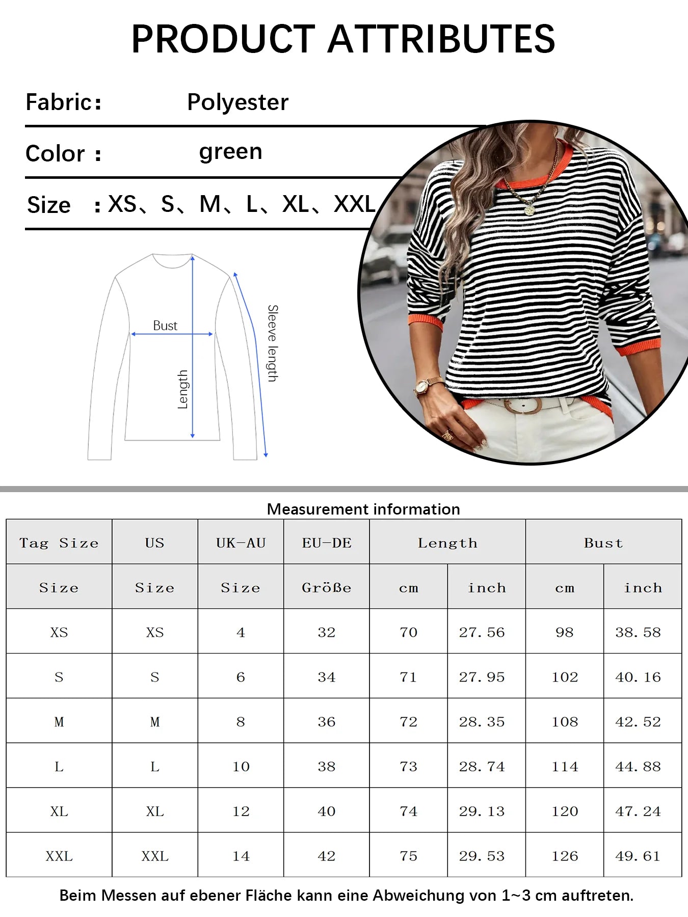 Women’s Black White Striped Knit Sweater with Orange Trim and Long Sleeves