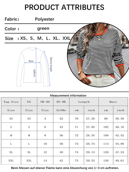 Women’s Black White Striped Knit Sweater with Orange Trim and Long Sleeves