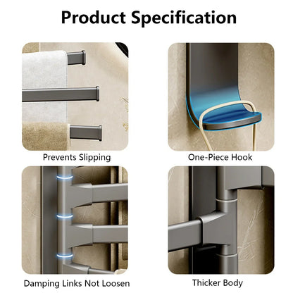 BowLift | Bathroom Towel Holder Rotatable Towel Rack Space Aluminum 1/2/3/4/5-Bar Towel Holder Kitchen Shelf Kitchen Hanging Shelf Wall Mounted
