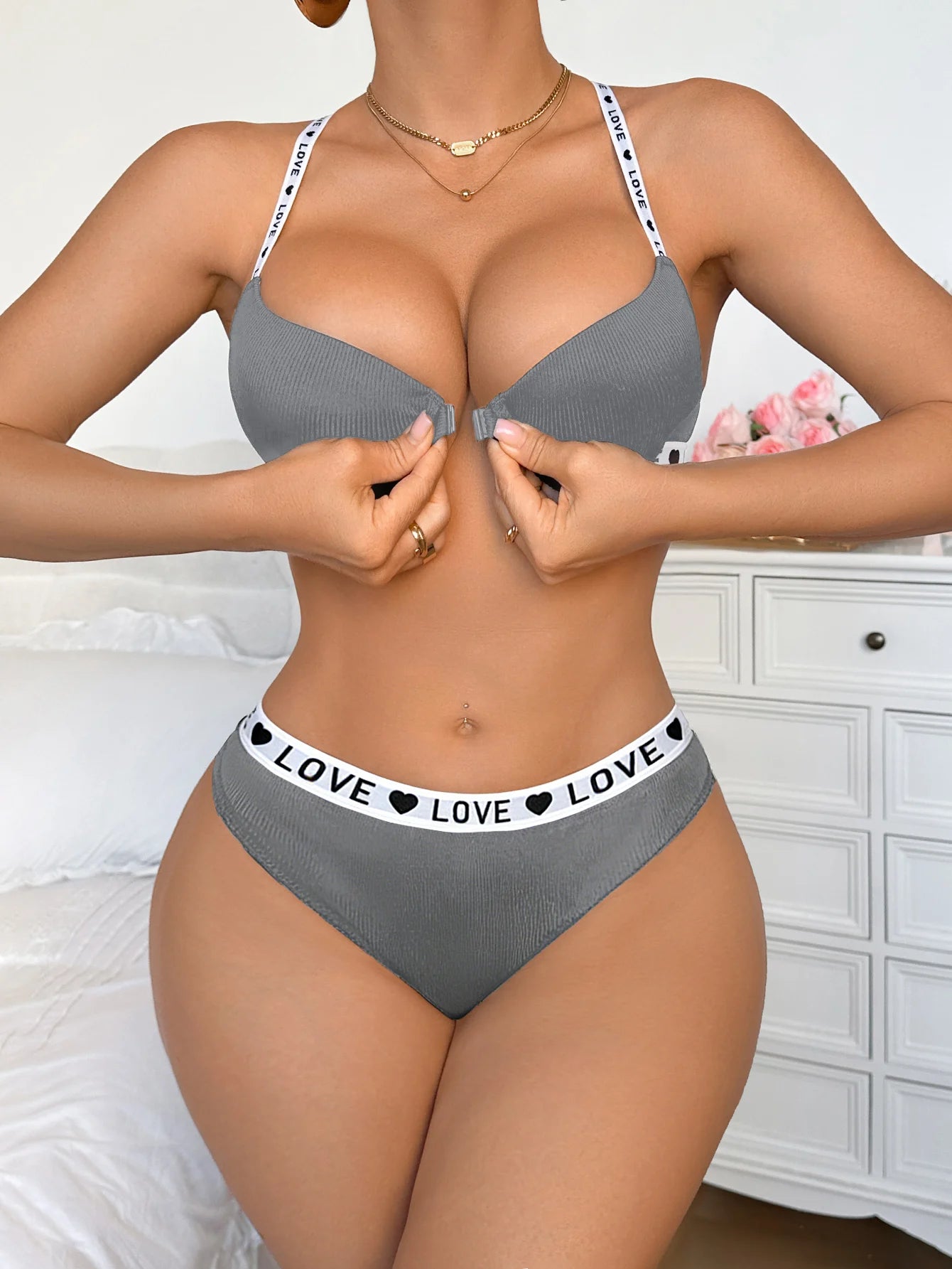 Lingerie Sets, Women’s Underwear Sets & Sexy Underwear – 2-Piece Push-Up Underwire Bra and Briefs with Front Closure, Ribbed Knit & Letter Straps