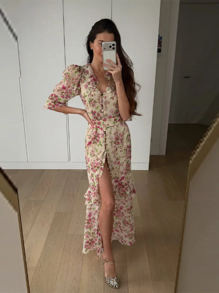 Women's Floral V Neck Puff Sleeve Maxi Dress with Fit and Flare Skirt