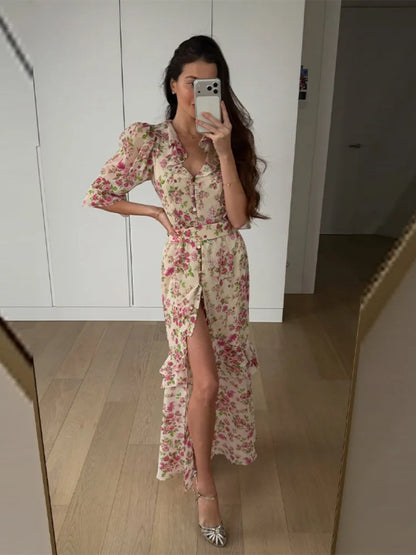Women's Floral V Neck Puff Sleeve Maxi Dress with Fit and Flare Skirt