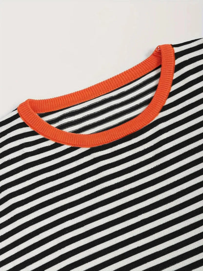 Women’s Black White Striped Knit Sweater with Orange Trim and Long Sleeves