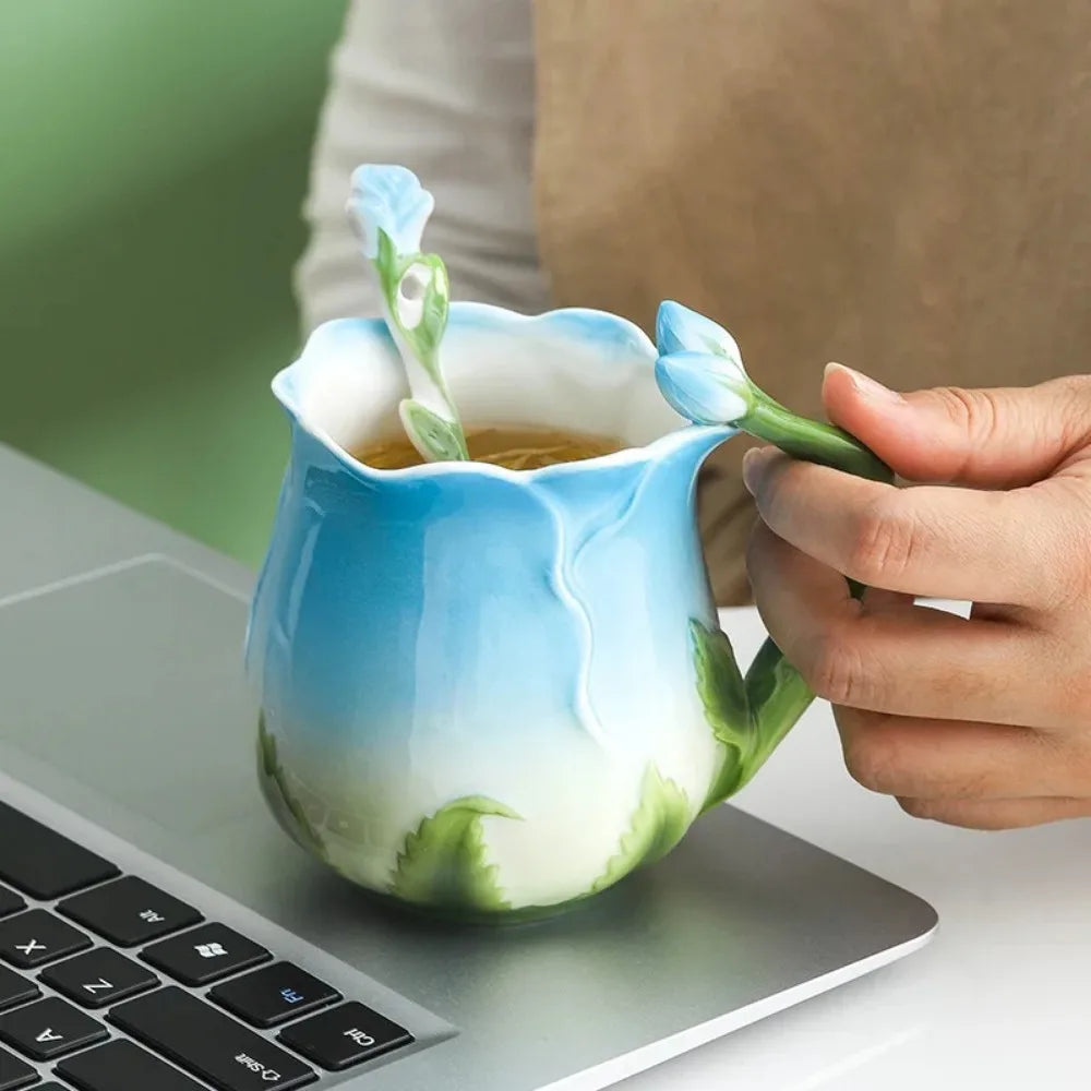 BowLift | 3D Rose Flower Coffee Mug Ceramic Coffee Mugs Cute Aesthetic Water Cups with Spoon Summer Winter Drinking Utensils Valentine's Day Gifts