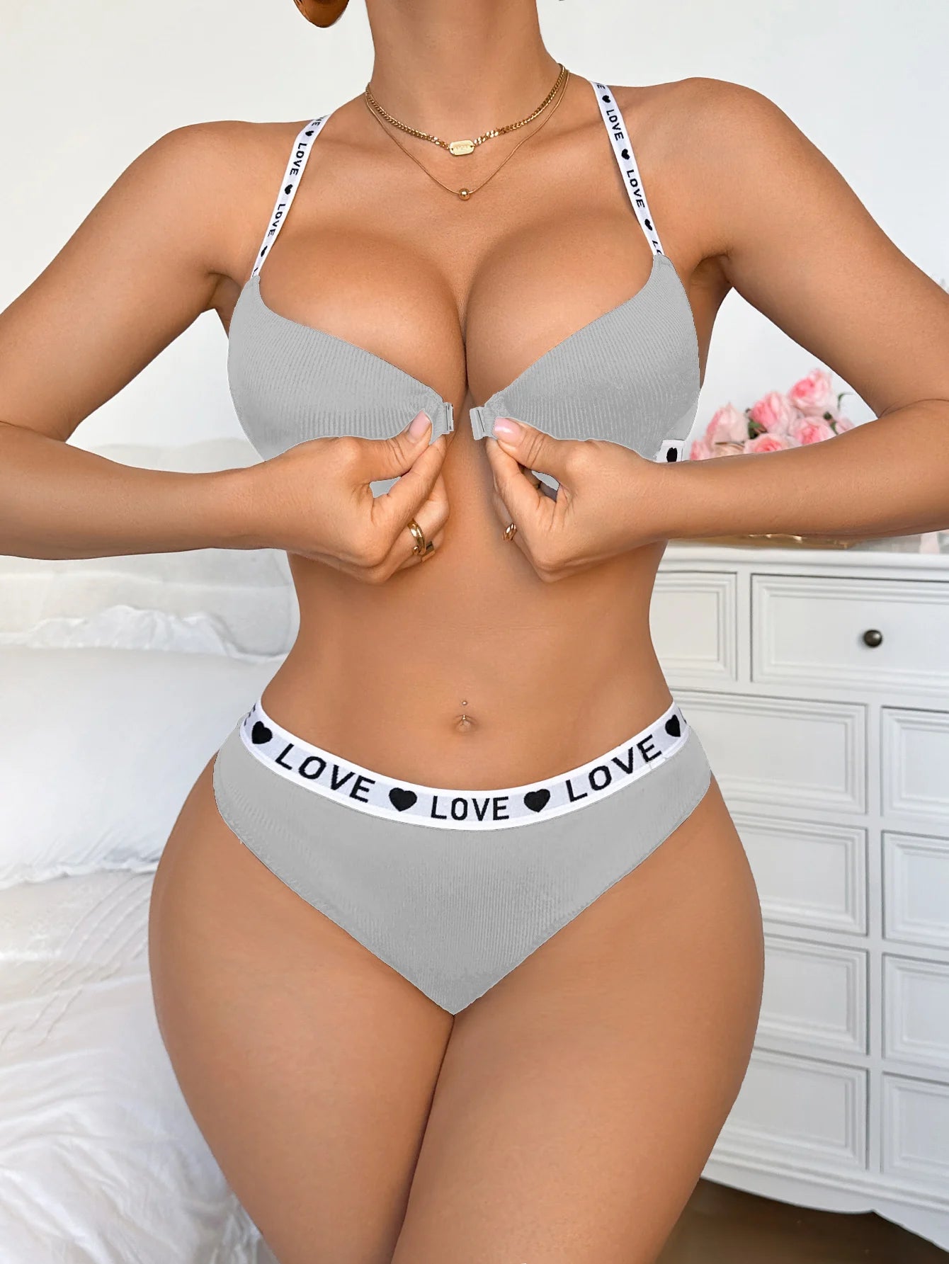 Lingerie Sets, Women’s Underwear Sets & Sexy Underwear – 2-Piece Push-Up Underwire Bra and Briefs with Front Closure, Ribbed Knit & Letter Straps