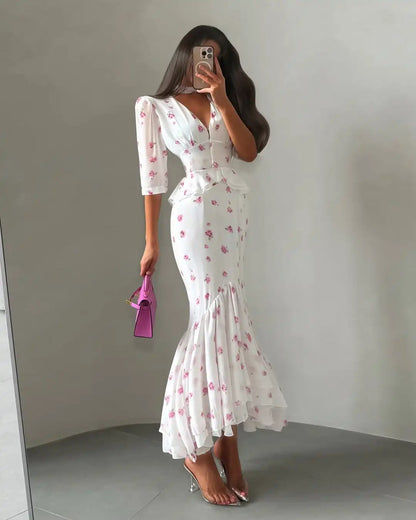Women's White Floral V Neck Maxi Dress with Puff Sleeves and Fishtail Hem