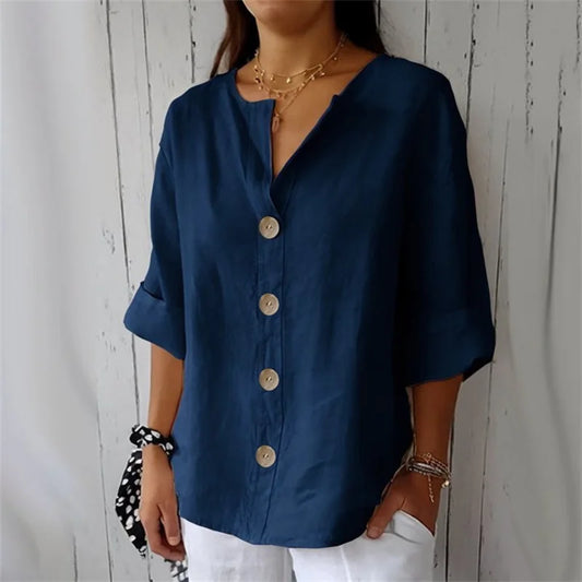 Women’s Loose V Neck Button Blouse with Three Quarter Sleeves and Cotton Linen Fabric