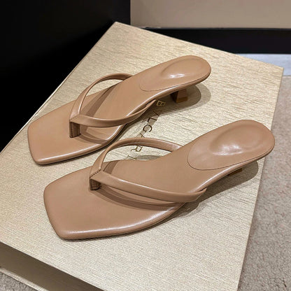 Women’s Low Heel Toe Post Slide Sandals with Square Heel and Narrow Strap