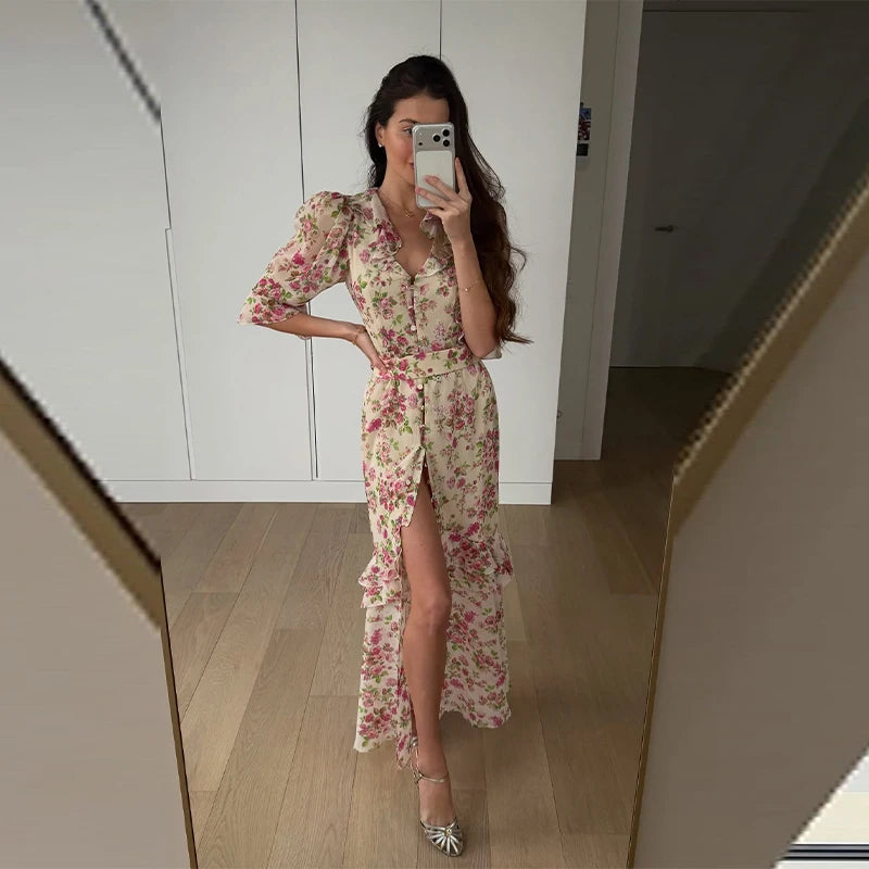 Women's Floral V Neck Puff Sleeve Maxi Dress with Fit and Flare Skirt