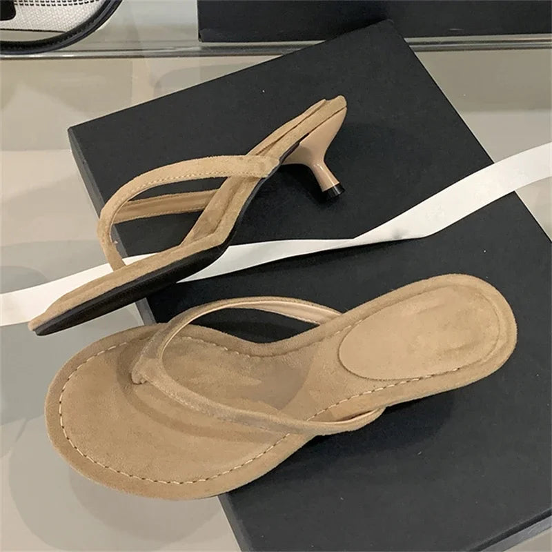 Women’s Apricot Low Heel Flip Flop Sandals with Round Toe and Thin Heel
