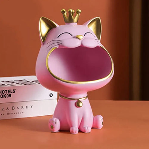 LZINA™ | Fortune Crown Big Mouth Cat Entrance Key Holder Decorative Ornament, Light Luxury Housewarming Gift Sculpture