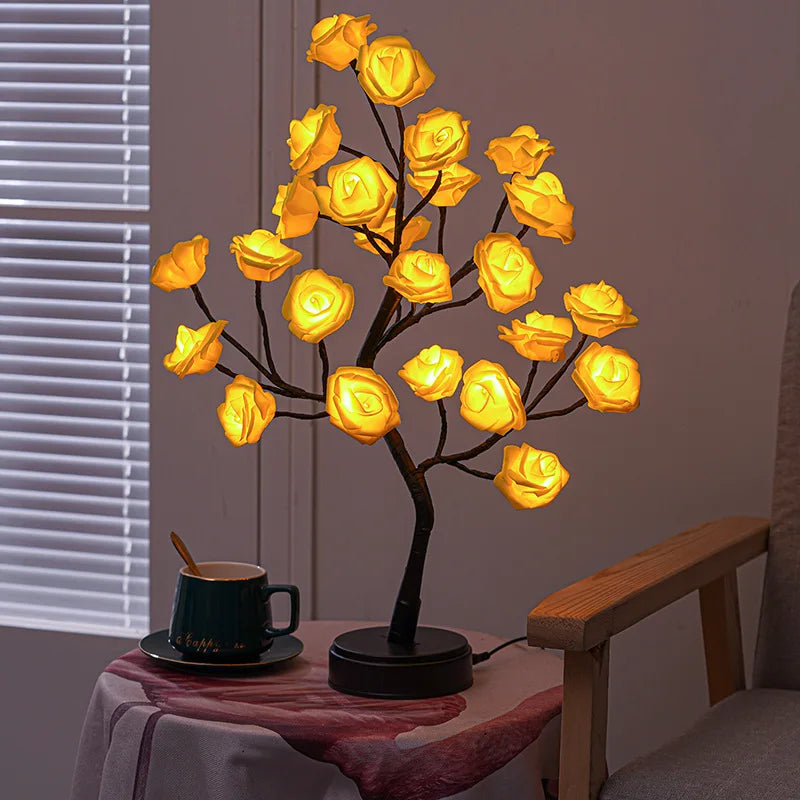 LZINA™ | RGB Rose Flower Tree Lights 24LED USB Battery Table Lamp Fairy Night Light Home Party Christmas Wedding Bedroom Decoration Gift