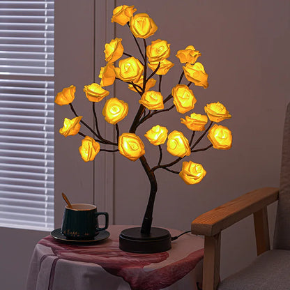 LZINA™ | RGB Rose Flower Tree Lights 24LED USB Battery Table Lamp Fairy Night Light Home Party Christmas Wedding Bedroom Decoration Gift