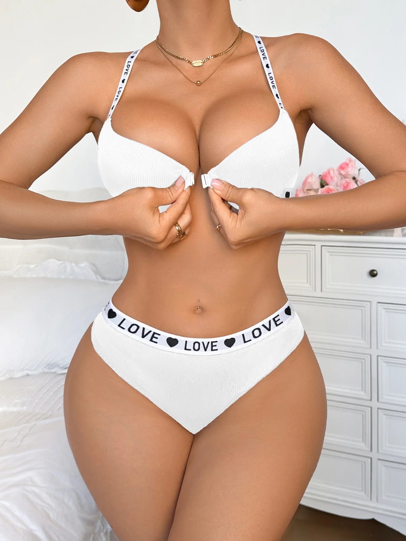 Lingerie Sets, Women’s Underwear Sets & Sexy Underwear – 2-Piece Push-Up Underwire Bra and Briefs with Front Closure, Ribbed Knit & Letter Straps