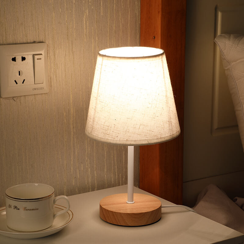 BowLift Nordic Vintage Fabric Cone LED Table Lamp in Solid Wood