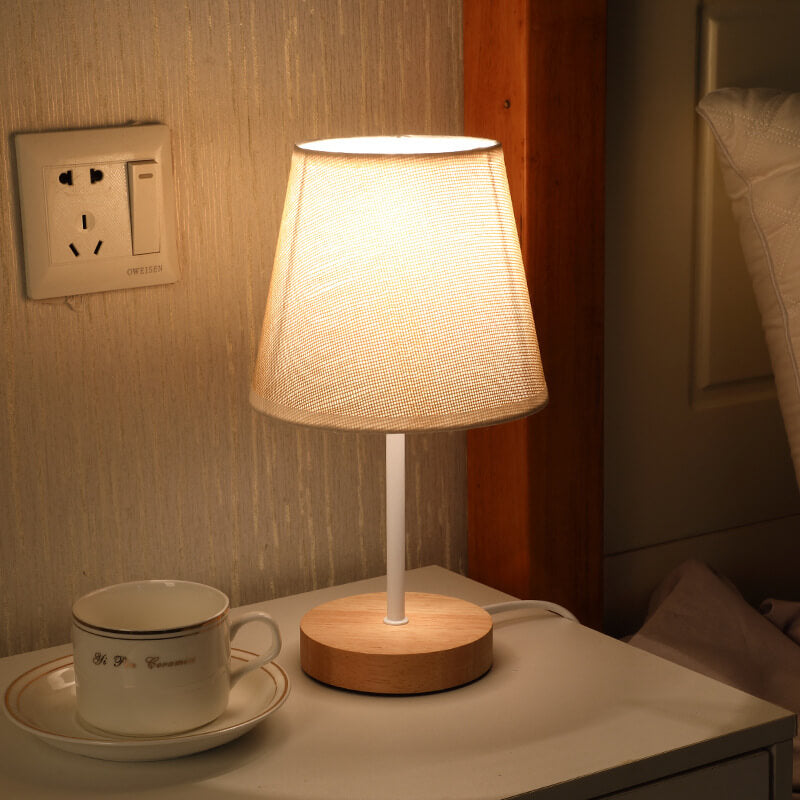 BowLift Nordic Vintage Fabric Cone LED Table Lamp in Solid Wood