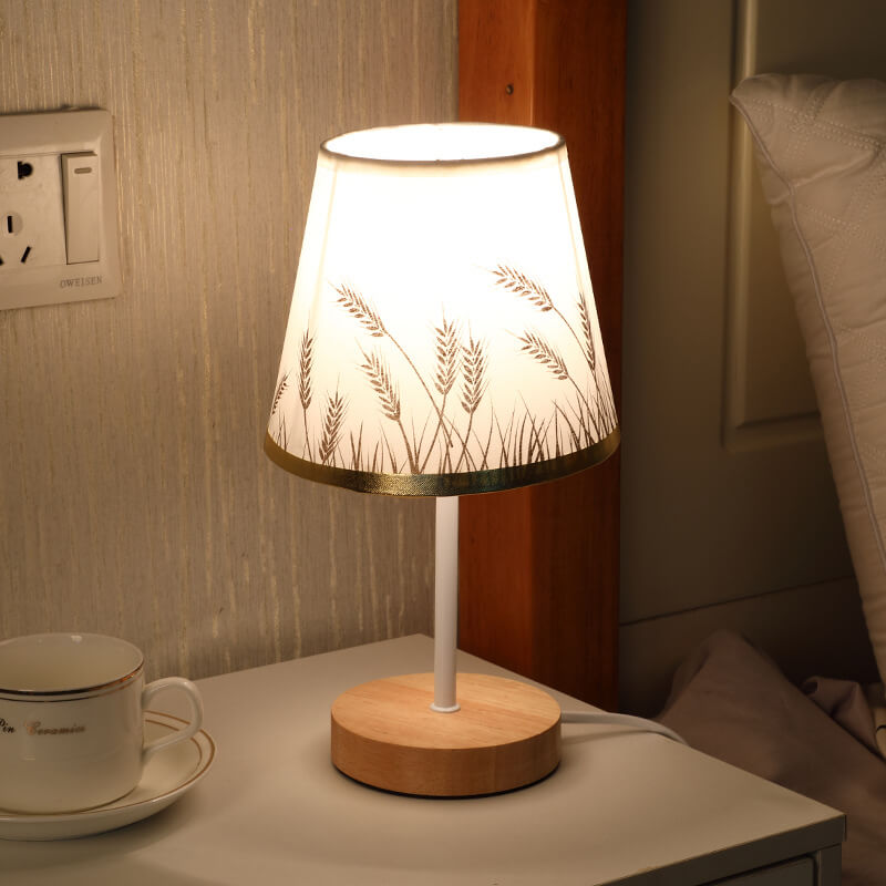 BowLift Nordic Vintage Fabric Cone LED Table Lamp in Solid Wood