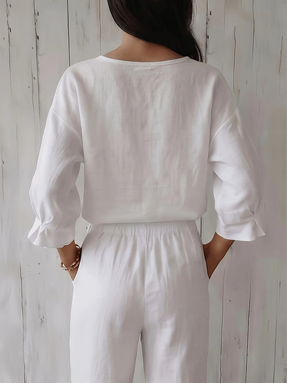 Women’s White Square Neck Top with Three Quarter Sleeves and Relaxed Fit