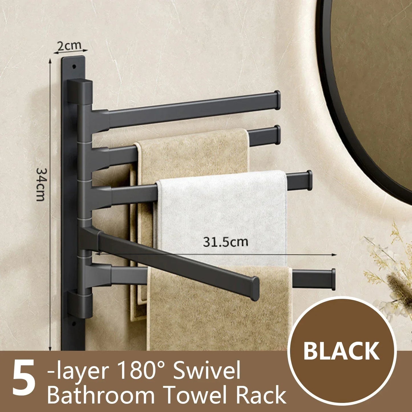 BowLift | Bathroom Towel Holder Rotatable Towel Rack Space Aluminum 1/2/3/4/5-Bar Towel Holder Kitchen Shelf Kitchen Hanging Shelf Wall Mounted