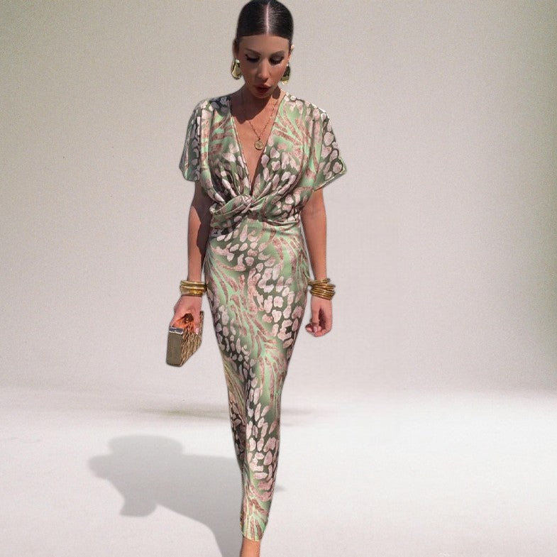Women’s Printed Wrap Maxi Dress with V Neck, Short Sleeves and Tie Waist
