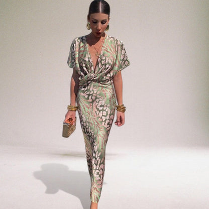 Women’s Printed Wrap Maxi Dress with V Neck, Short Sleeves and Tie Waist