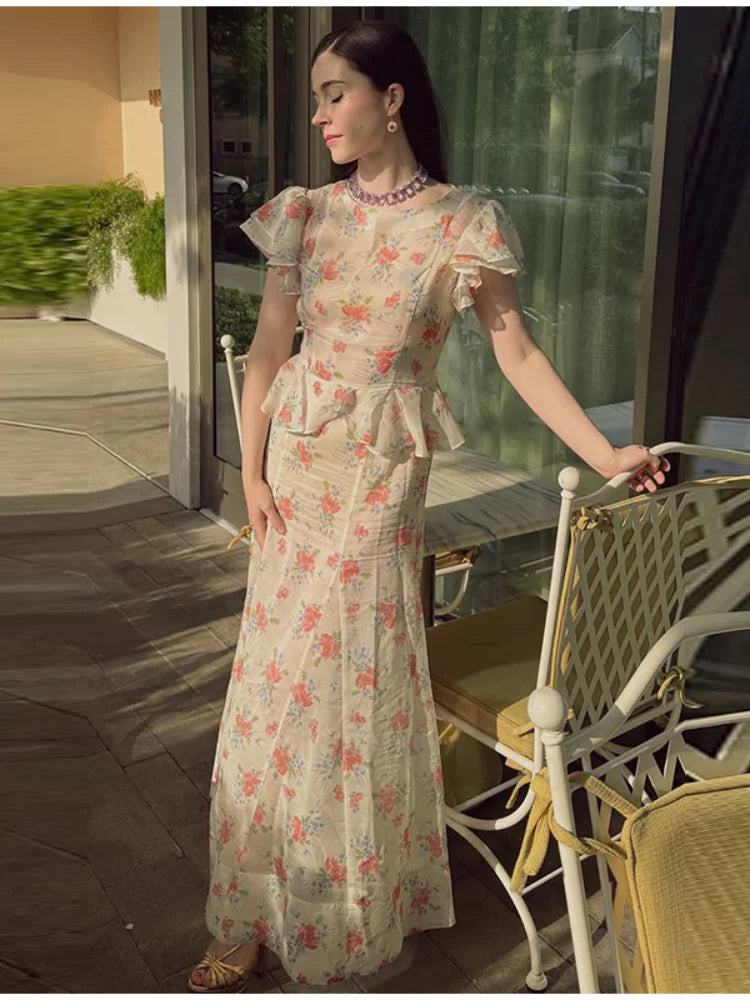 Women's Floral V Neck Puff Sleeve Maxi Dress with Fit and Flare Skirt