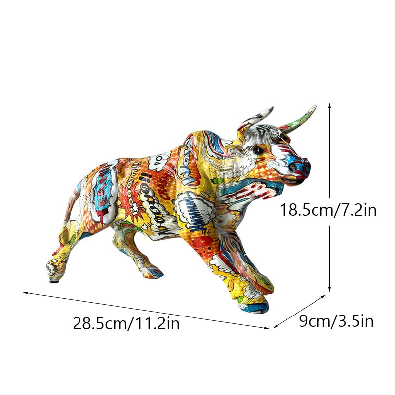 LZINA™ | Graffiti-Painting Resin Bull Figures Home Living Room Bedroom Office Desktop Feng Shui Ornaments Collection Statues