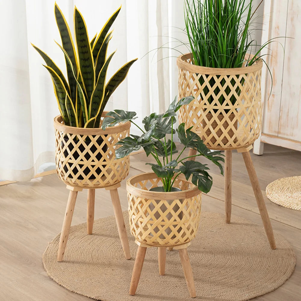 LZINA™ | Handcrafted Bamboo Woven Flower Pot with Stand Plant Flower Display Storage Stand DIY Storage Children's Plant Pots Home Decor