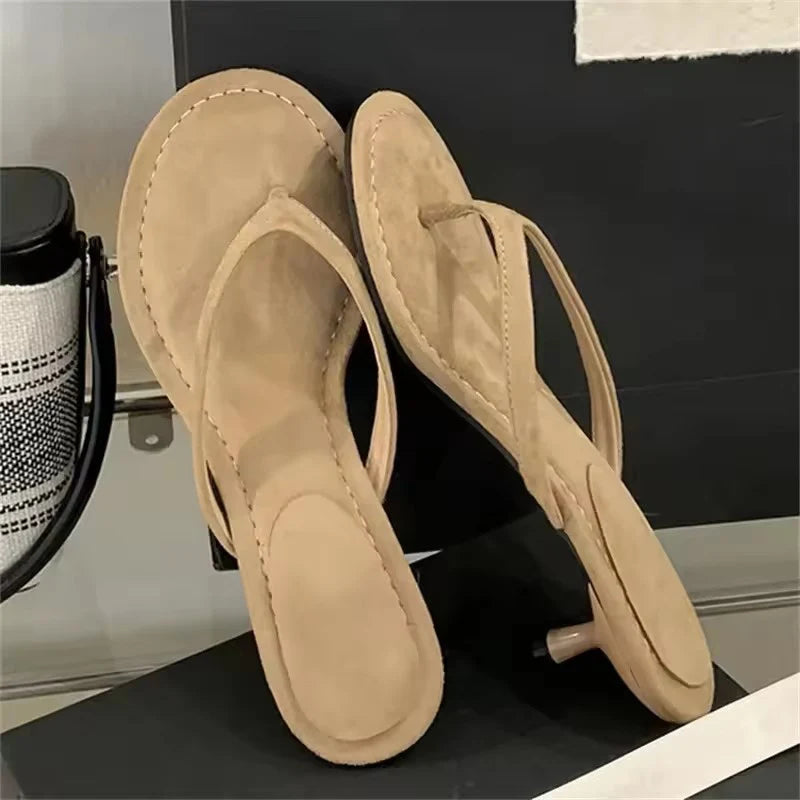 Women’s Apricot Low Heel Flip Flop Sandals with Round Toe and Thin Heel