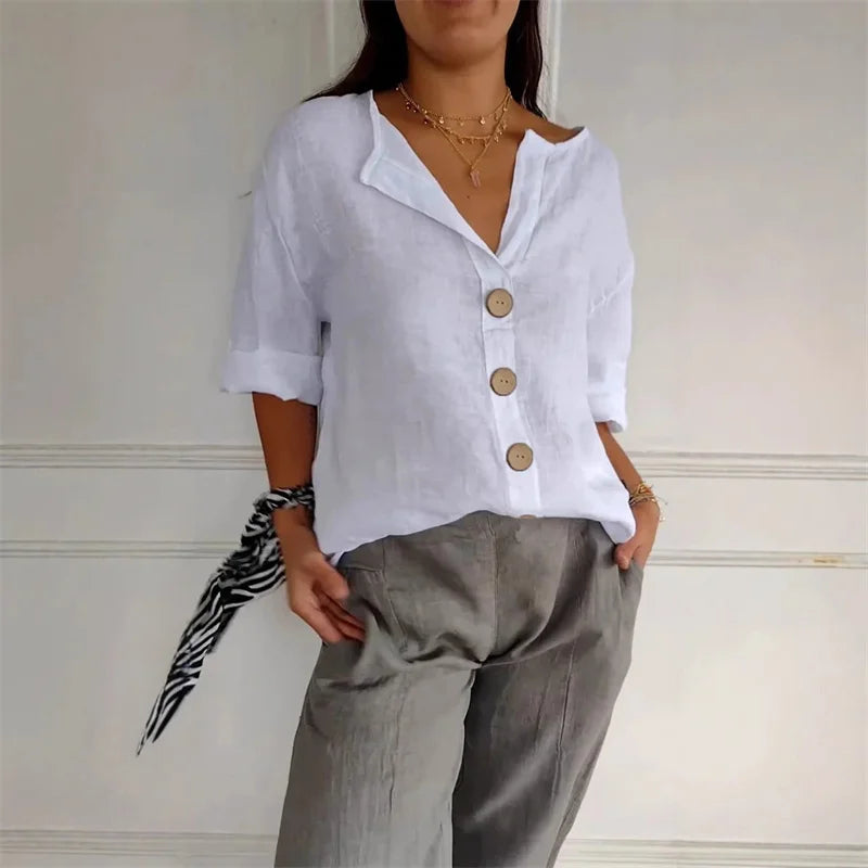 Women’s Loose V Neck Button Blouse with Three Quarter Sleeves and Cotton Linen Fabric