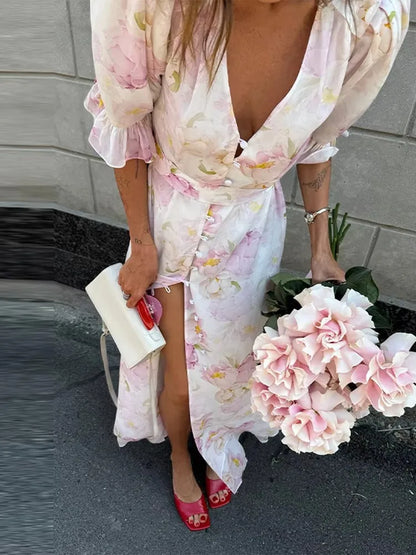 Women's White Floral V Neck Maxi Dress with Puff Sleeves and Fishtail Hem