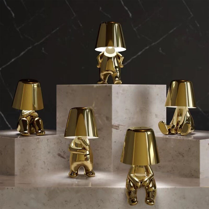 BowLift Golden Man LED Thinker Table Lamp – Playful Nightstand Light for Bedroom Decor
