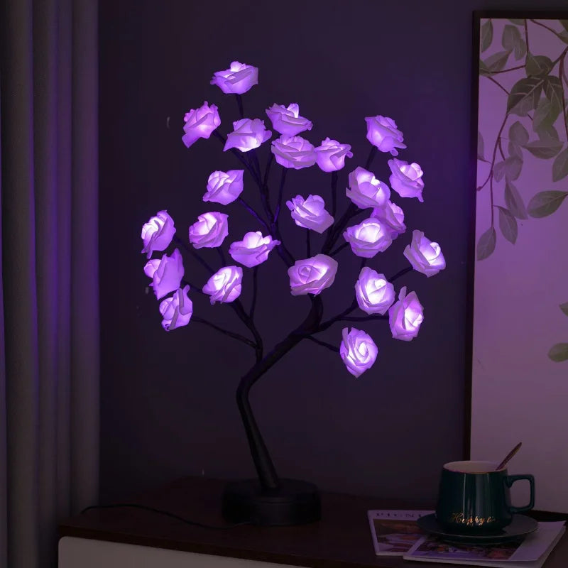 LZINA™ | RGB Rose Flower Tree Lights 24LED USB Battery Table Lamp Fairy Night Light Home Party Christmas Wedding Bedroom Decoration Gift