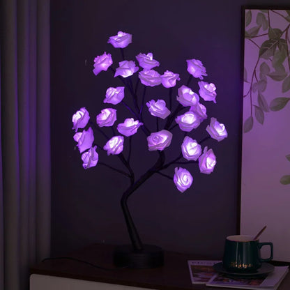 LZINA™ | RGB Rose Flower Tree Lights 24LED USB Battery Table Lamp Fairy Night Light Home Party Christmas Wedding Bedroom Decoration Gift
