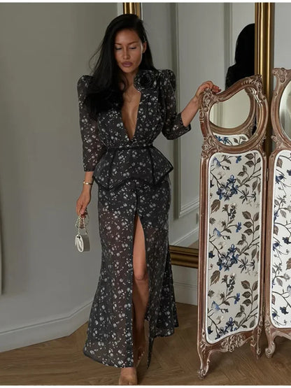Women's Floral V Neck Puff Sleeve Maxi Dress with Fit and Flare Skirt
