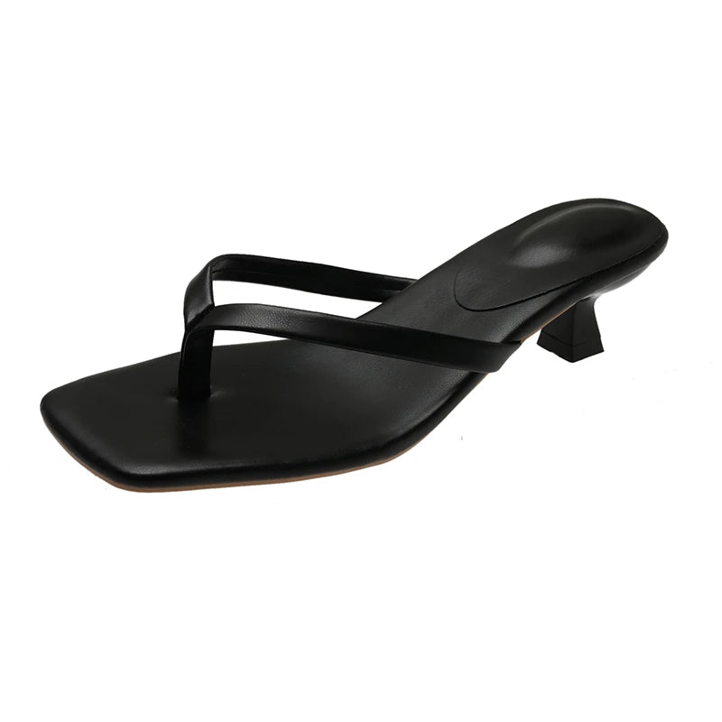 Women’s Low Heel Toe Post Slide Sandals with Square Heel and Narrow Strap