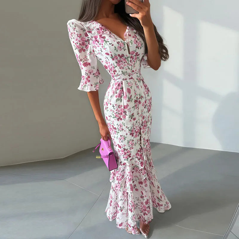Women's Floral V Neck Puff Sleeve Maxi Dress with Fit and Flare Skirt