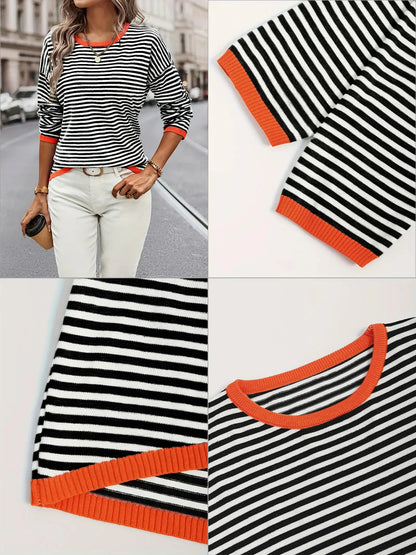 Women’s Black White Striped Knit Sweater with Orange Trim and Long Sleeves