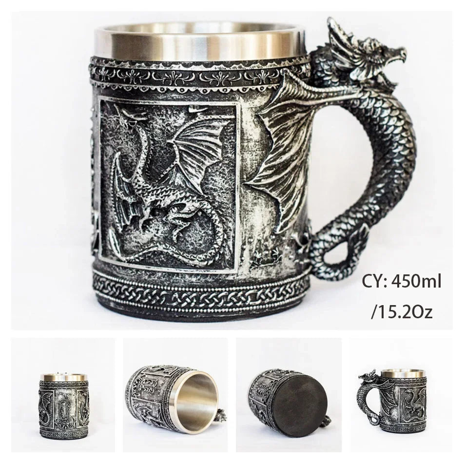LZINA™ | Medieval Dragon Resin Stainless Steel Mug as Coffee Mug or Tea Mug