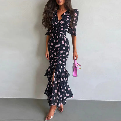 Women's Floral V Neck Puff Sleeve Maxi Dress with Fit and Flare Skirt