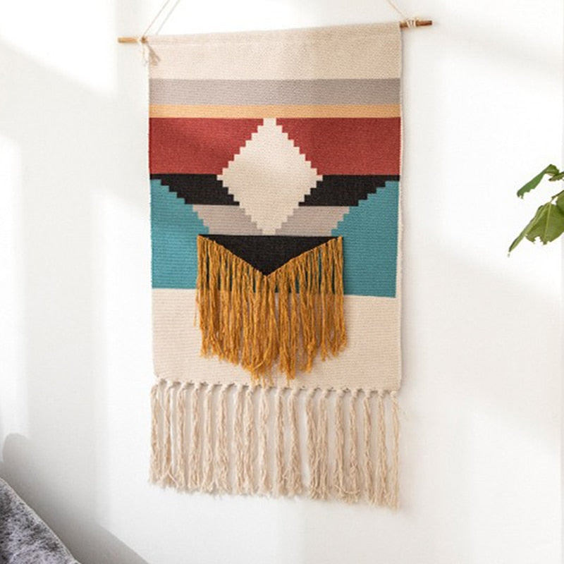 LZINA™ | Bohemian Wall Tapestry, Macrame Wall Hanging, Home Decoration, Cotton Linen Tassel, Handcrafted, Woven, Geometric Canvas Art, Background Wall Tapestries