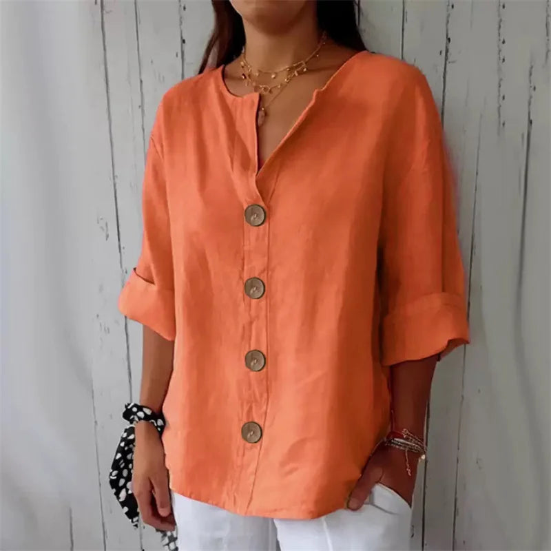 Women’s Loose V Neck Button Blouse with Three Quarter Sleeves and Cotton Linen Fabric
