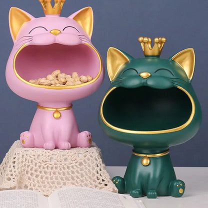 LZINA™ | Fortune Crown Big Mouth Cat Entrance Key Holder Decorative Ornament, Light Luxury Housewarming Gift Sculpture