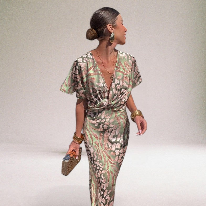 Women’s Printed Wrap Maxi Dress with V Neck, Short Sleeves and Tie Waist