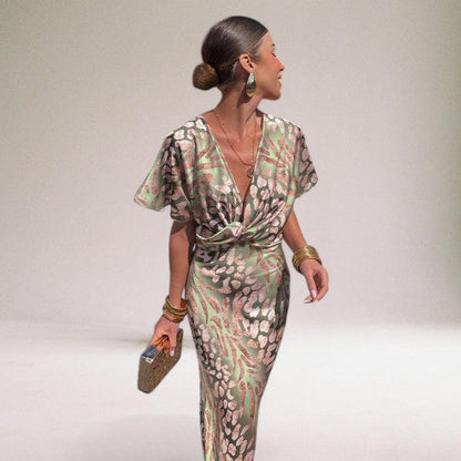 Women’s Printed Wrap Maxi Dress with V Neck, Short Sleeves and Tie Waist