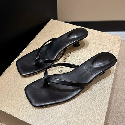Women’s Low Heel Toe Post Slide Sandals with Square Heel and Narrow Strap
