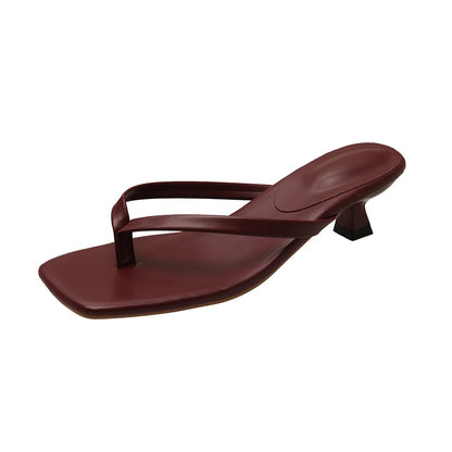 Women’s Low Heel Toe Post Slide Sandals with Square Heel and Narrow Strap